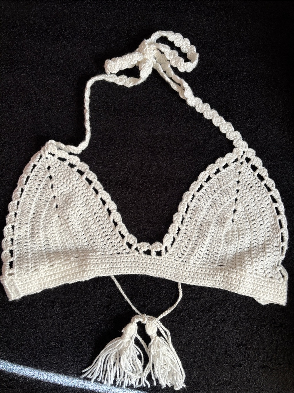 White Crocheted Triangle Bralette with Tassels